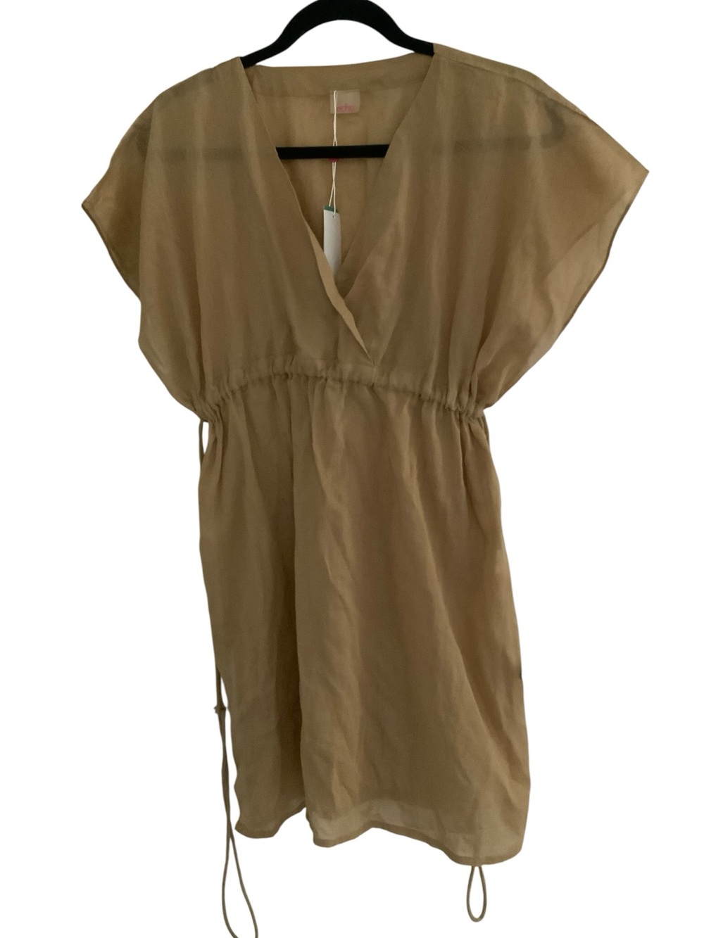Echo Tan V-Neck Mini Dress with Cinch Waist Cotton S/M